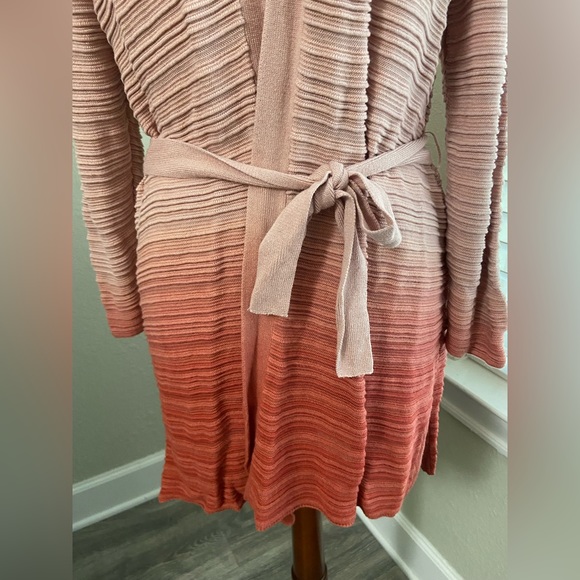 Chico’s 2 Sz L Ambre Coral Pink Ribbed Open Front Long Line Sweater Cardigan - Picture 5 of 10